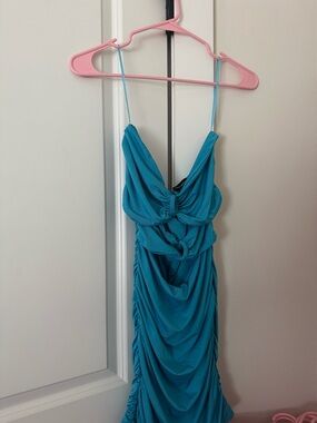 Streetwear Society Turquoise Ruched Strapless Slip Dress